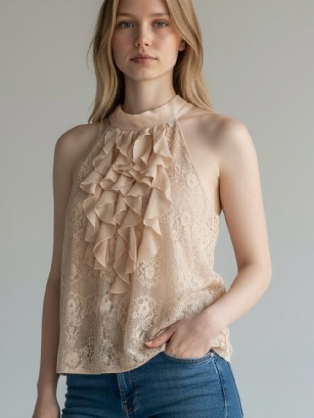 Soulmates Lace Ruffle Halter Camisole - Beige